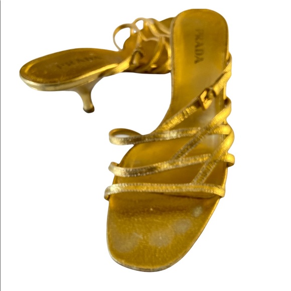 PRADA Metallic Gold Strappy Kitten Heel Sandals - Picture 5 of 7